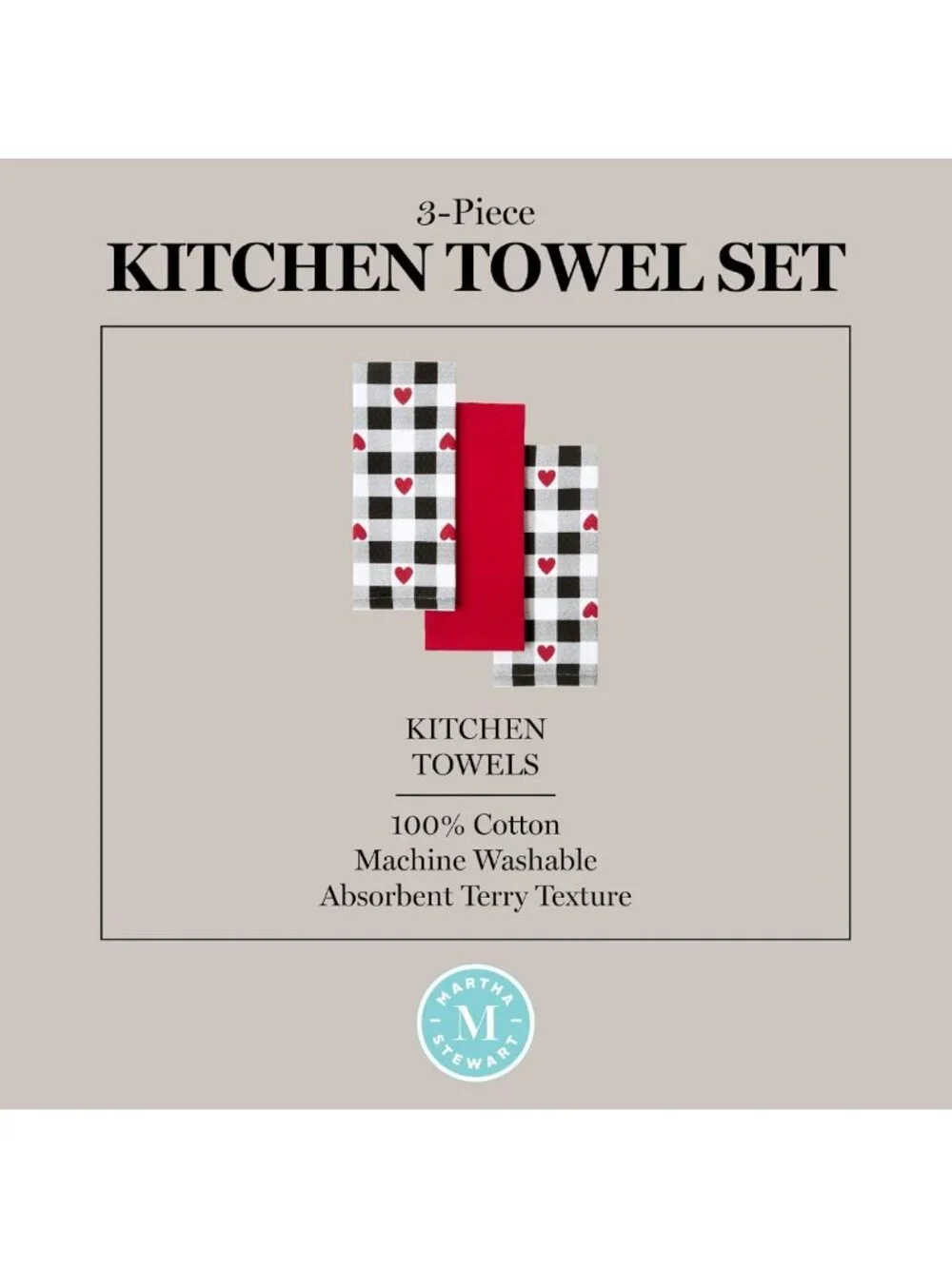 Valentine's Day Gingham Hearts Kitchen Towels Set - 100% Cotton, Absorbent